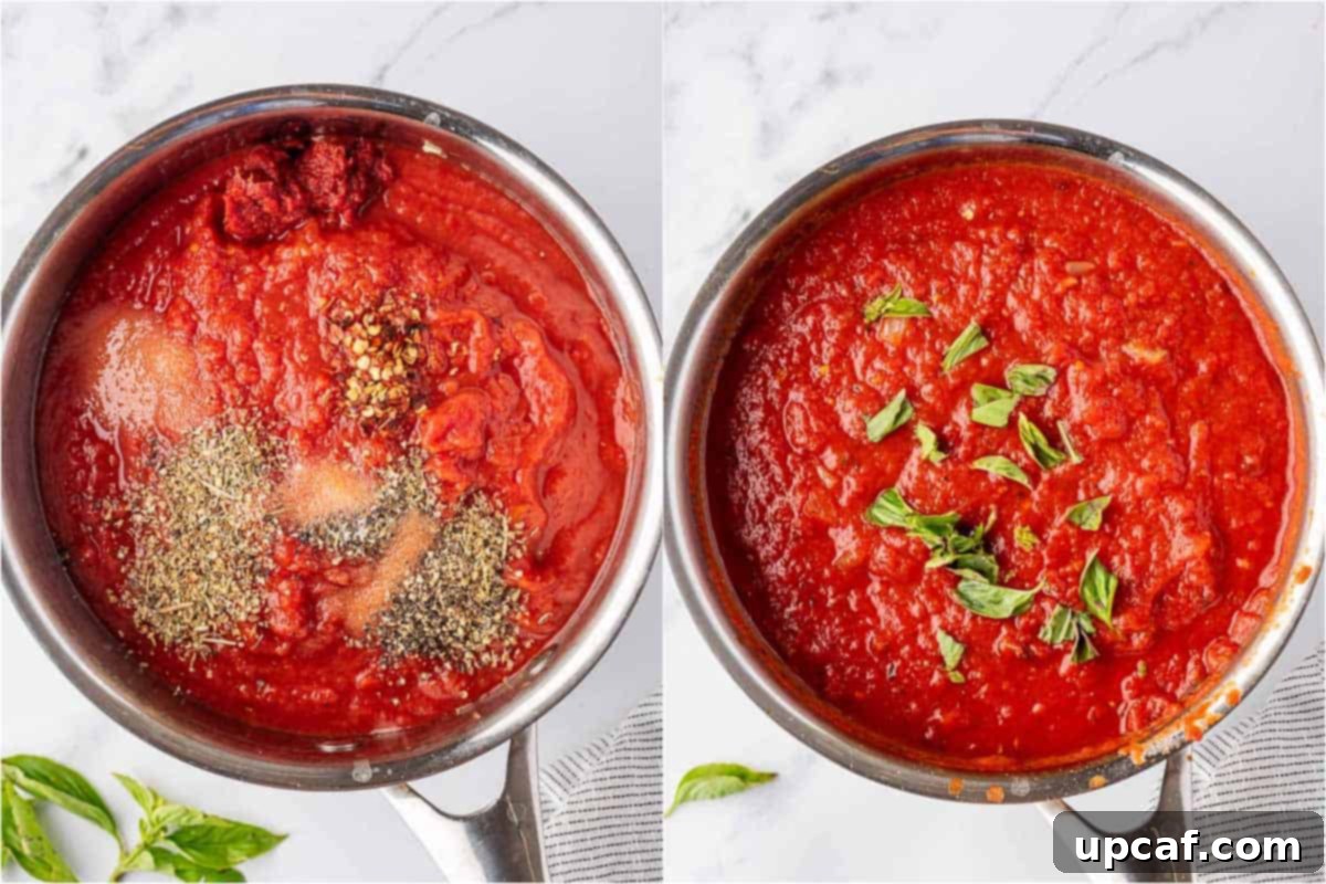 A rich, red marinara sauce simmering gently in a saucepan, with visible herbs and crushed tomatoes, signaling its readiness.