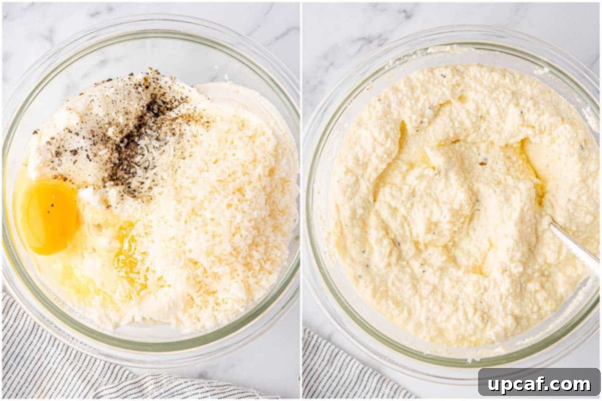 A bowl filled with a creamy ricotta cheese mixture, ready to be spread as a rich layer in the eggplant lasagna.