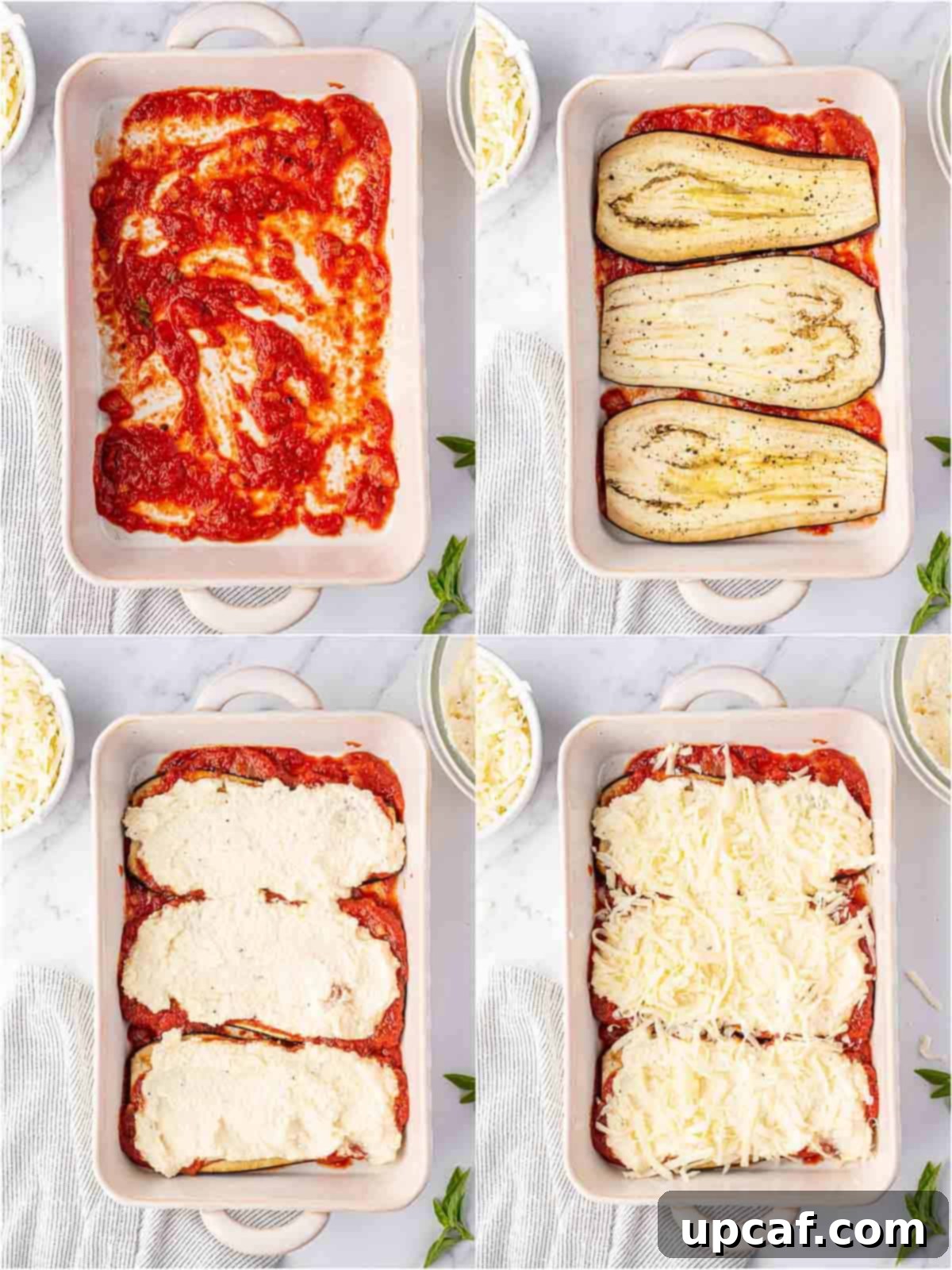 The process of assembling the eggplant parmesan in a baking dish, showing layers of sauce, roasted eggplant, and cheese.