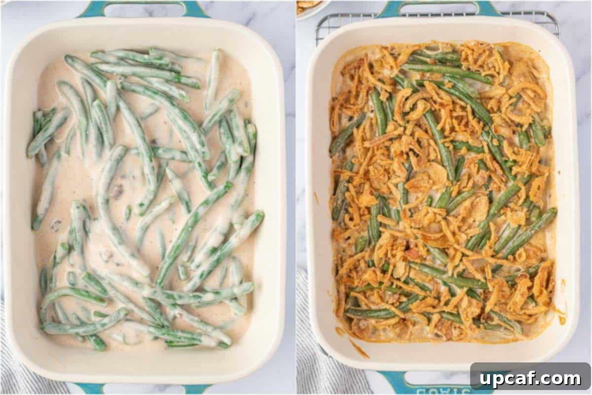 cheesy green beans in baking dish before and after topping with crunchy onions