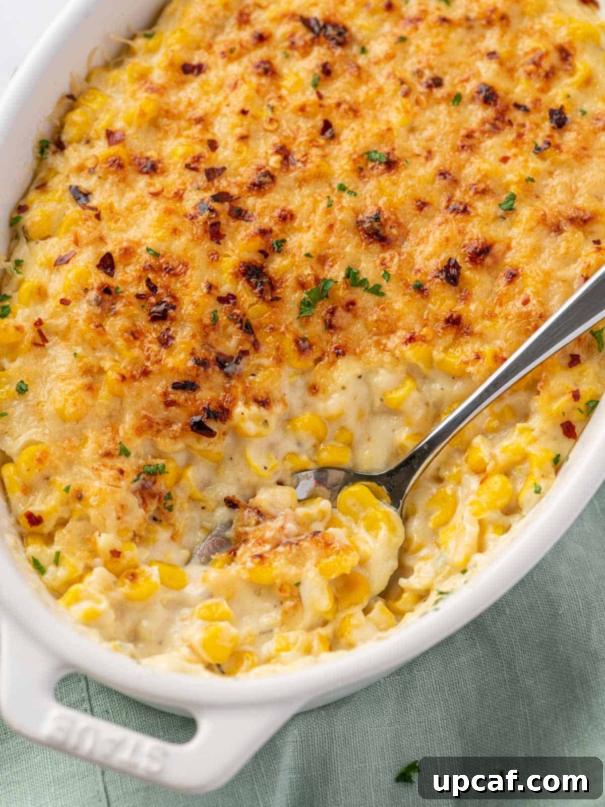 creamed corn casserole with a spoon scooping out some corn, ready to serve