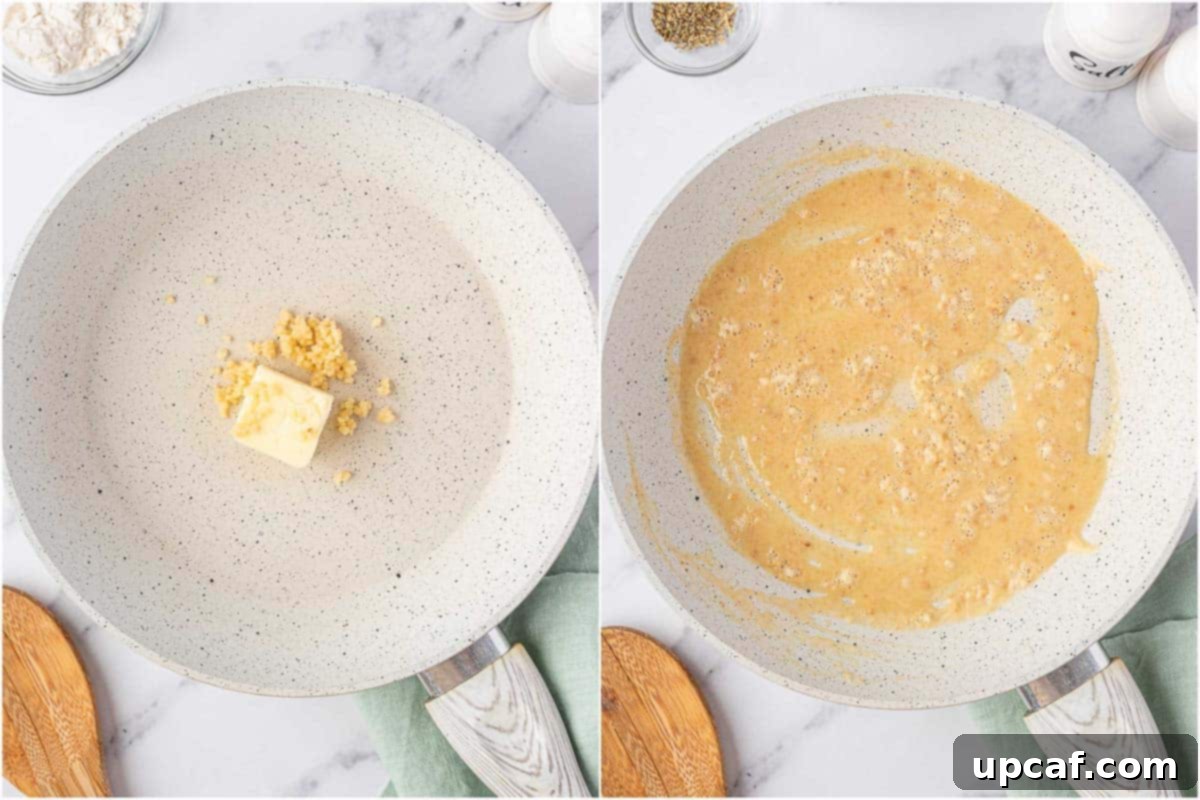 roux being made in a skillet, butter and flour stirred together