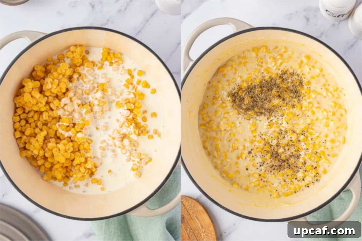 creamed corn being cooked in a pot, thickening with roux