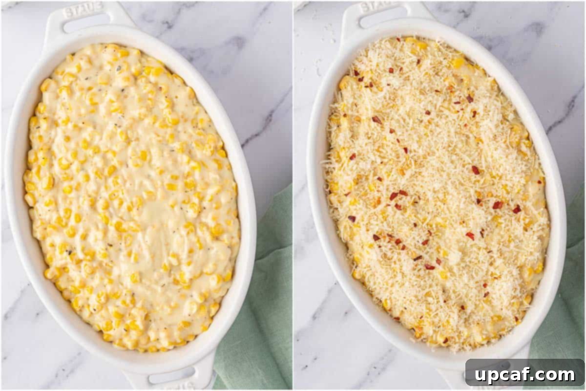 creamed corn casserole before and after cheese topping, before baking