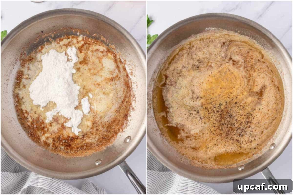 Effortless Chicken and Savory Gravy 5 Rich, homemade gravy being carefully prepared in the same skillet after searing the chicken.