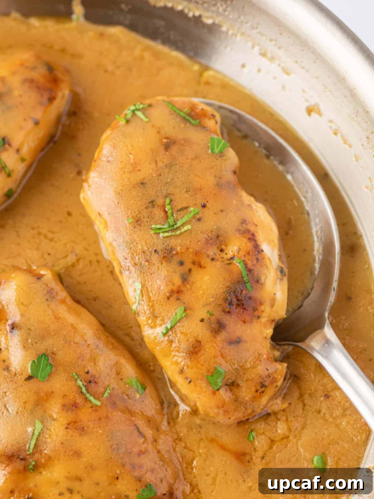 Effortless Chicken and Savory Gravy 8 A spoon lifting a succulent chicken breast coated in rich, creamy gravy from a pan.