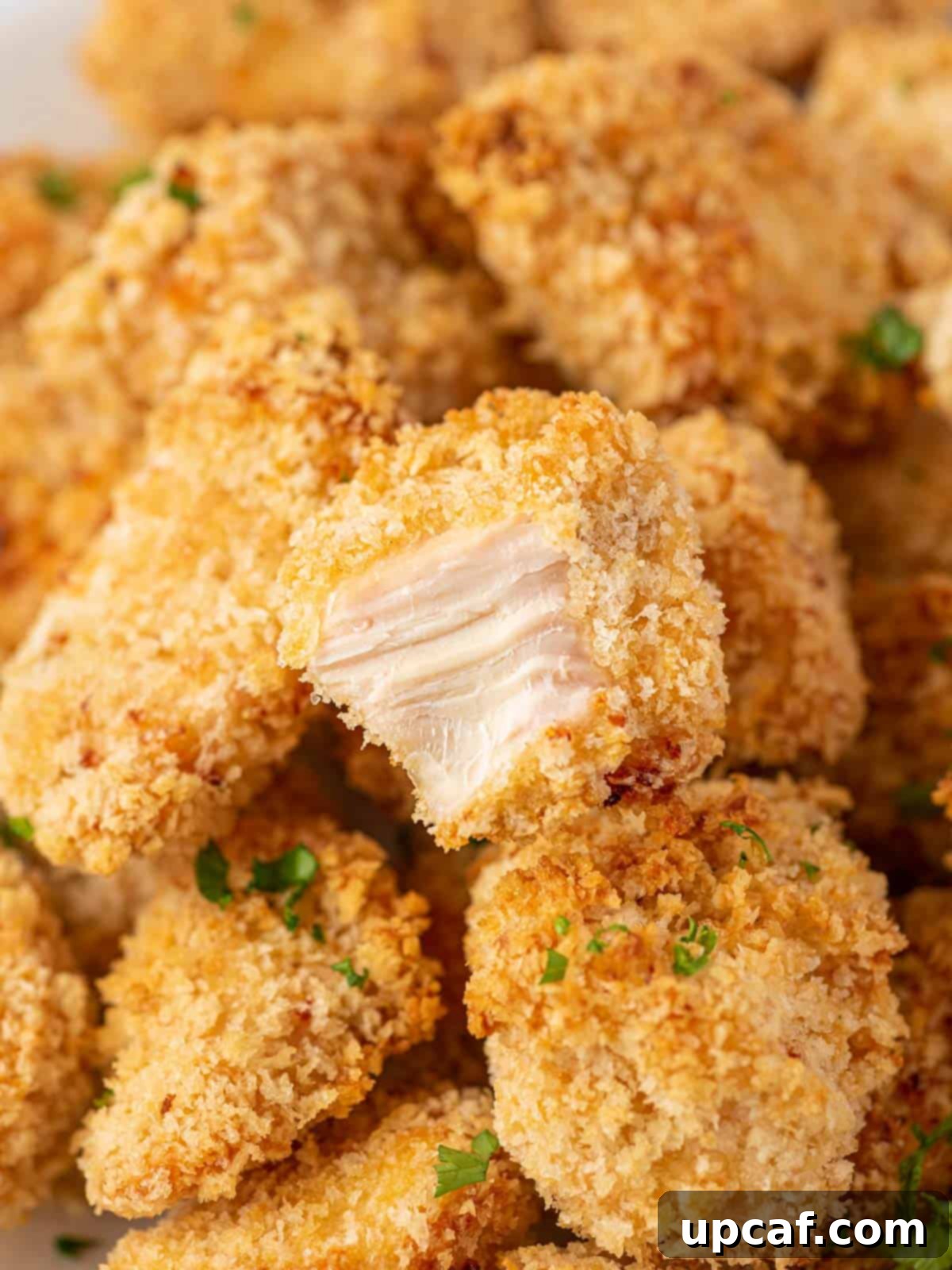 A pile of golden brown, crispy oven baked popcorn chicken with one piece showing a bite taken out.