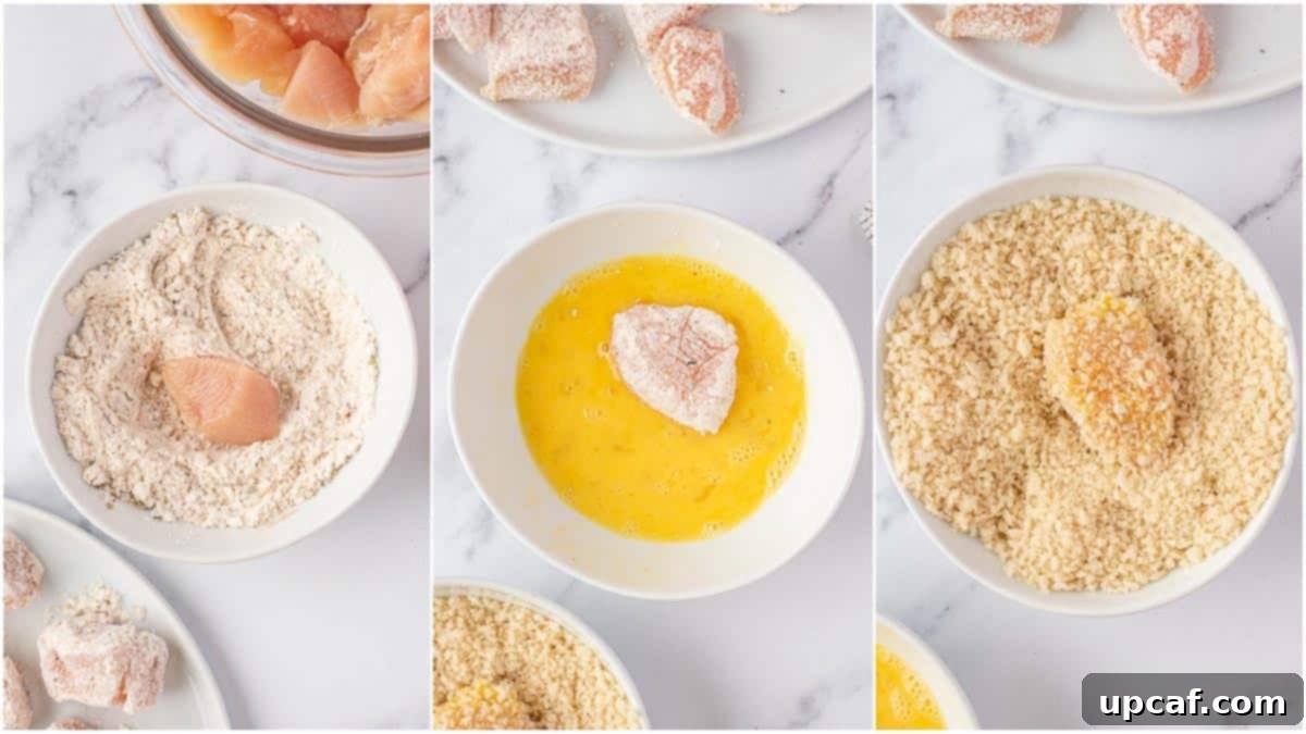 A visual guide showing chicken pieces coated successively in flour, egg wash, and finally panko breadcrumbs.