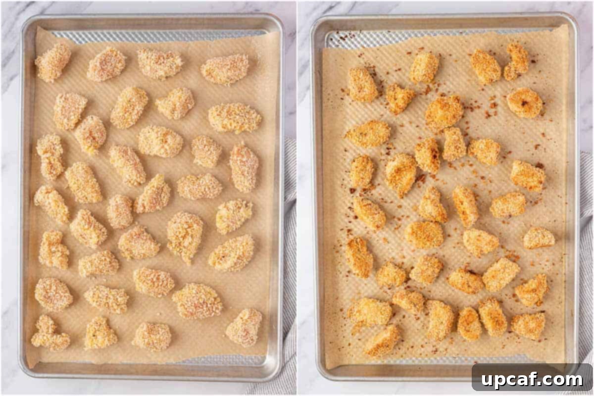 A side-by-side view of uncooked breaded popcorn chicken and the same chicken after baking, now golden and crispy.