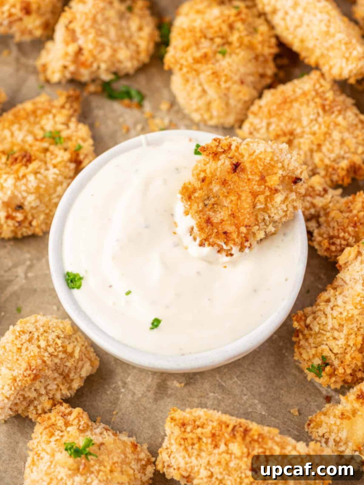 A piece of crispy popcorn chicken being dipped into a creamy white sauce.