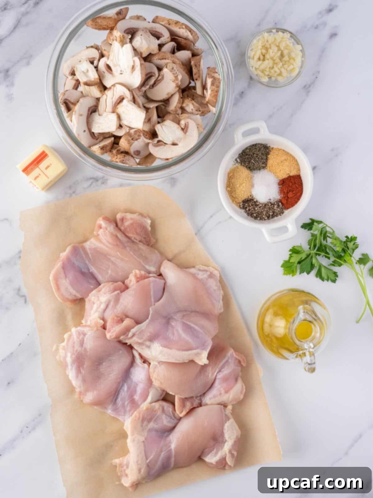 Flavorful Garlic Mushroom Chicken Thighs 3 A flat lay photograph showcasing the fresh ingredients required to make garlic mushroom chicken thighs, including raw chicken, sliced mushrooms, garlic, and spices.