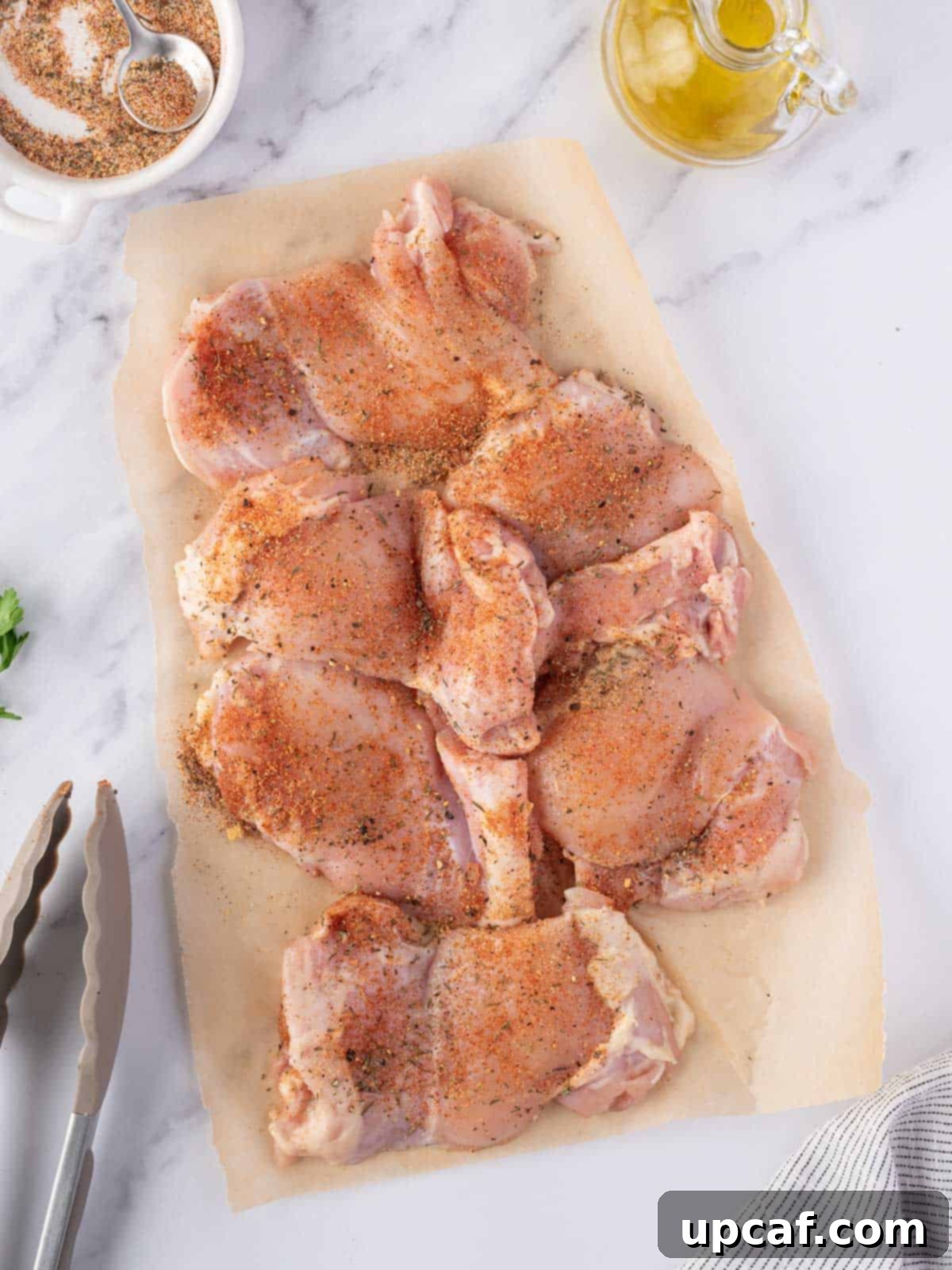 Flavorful Garlic Mushroom Chicken Thighs 4 Raw chicken thighs evenly coated with a homemade spice blend, ready for searing.