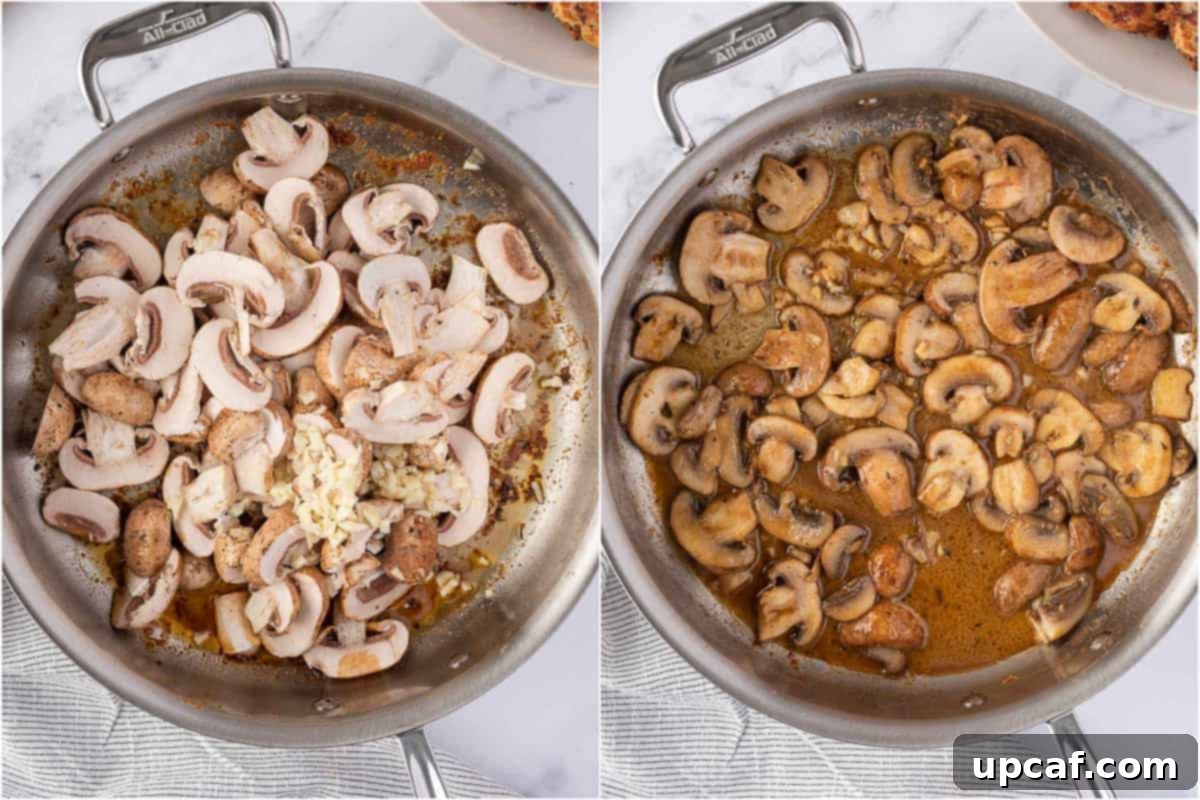 Flavorful Garlic Mushroom Chicken Thighs 6 Sliced mushrooms and minced garlic sizzling in melted butter within a hot skillet, developing a rich aroma.