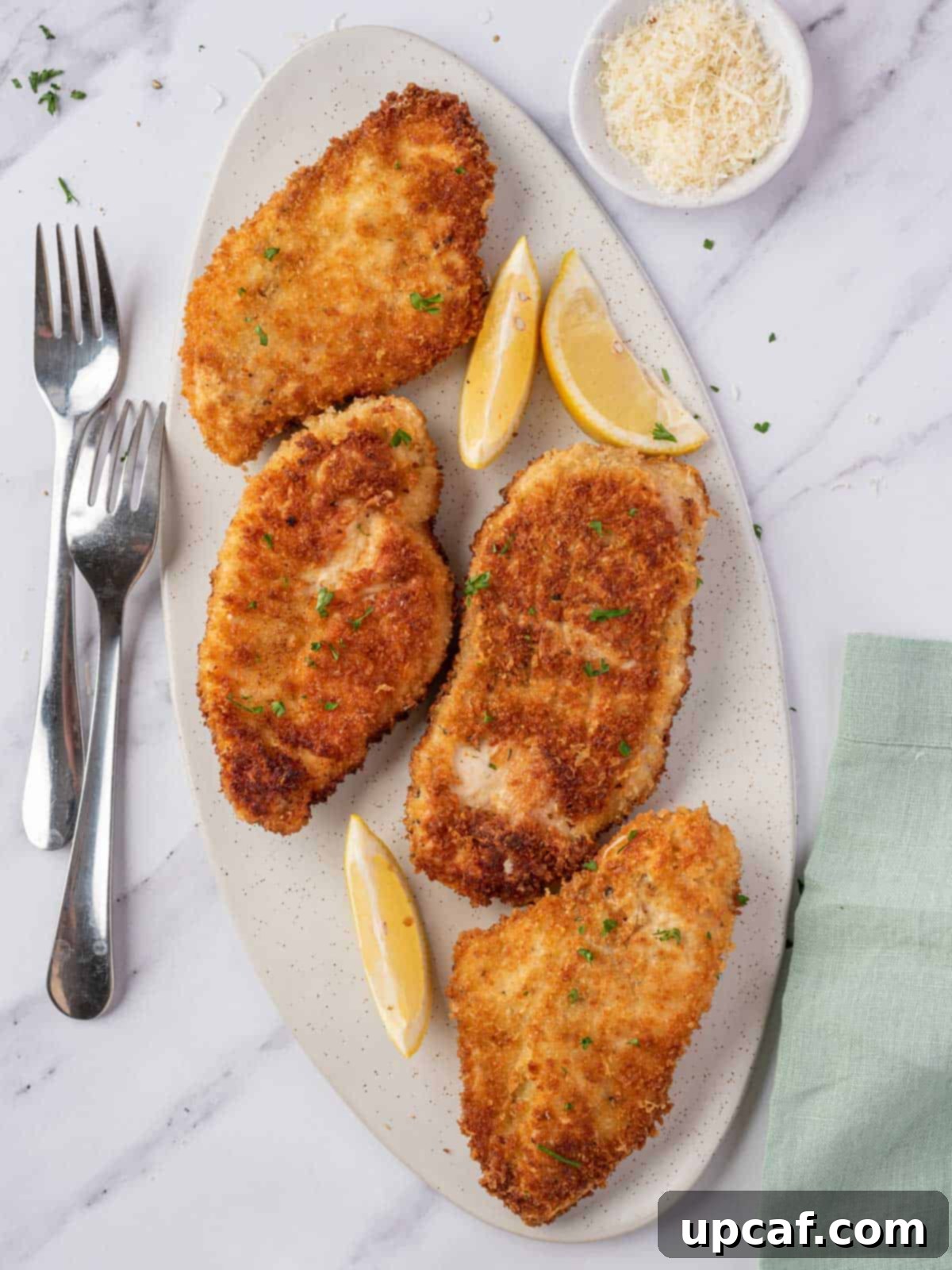 A platter of four parmesan crusted chicken breasts, golden brown and perfectly crispy.