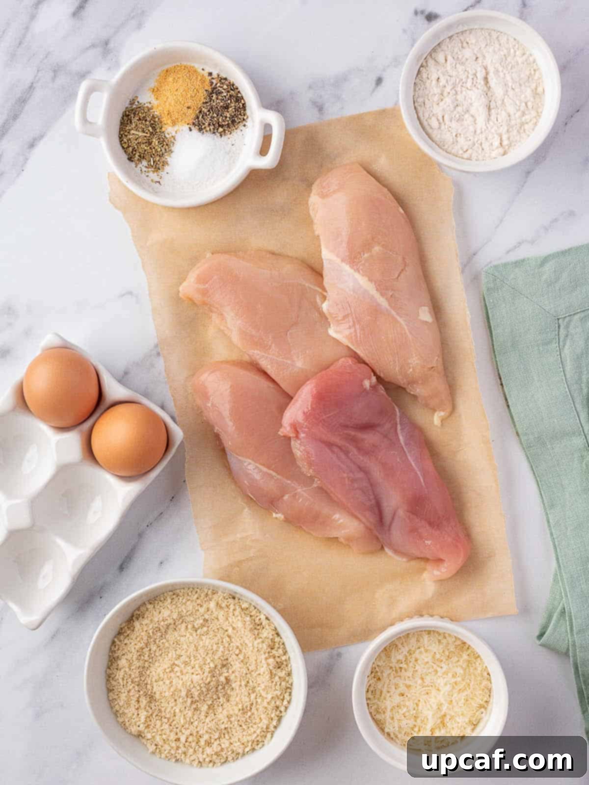 A selection of ingredients for parmesan crusted chicken arranged on a wooden board.