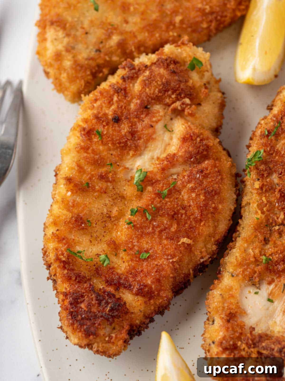 Close up of a crispy parmesan crusted chicken breast, cut to show juicy interior.