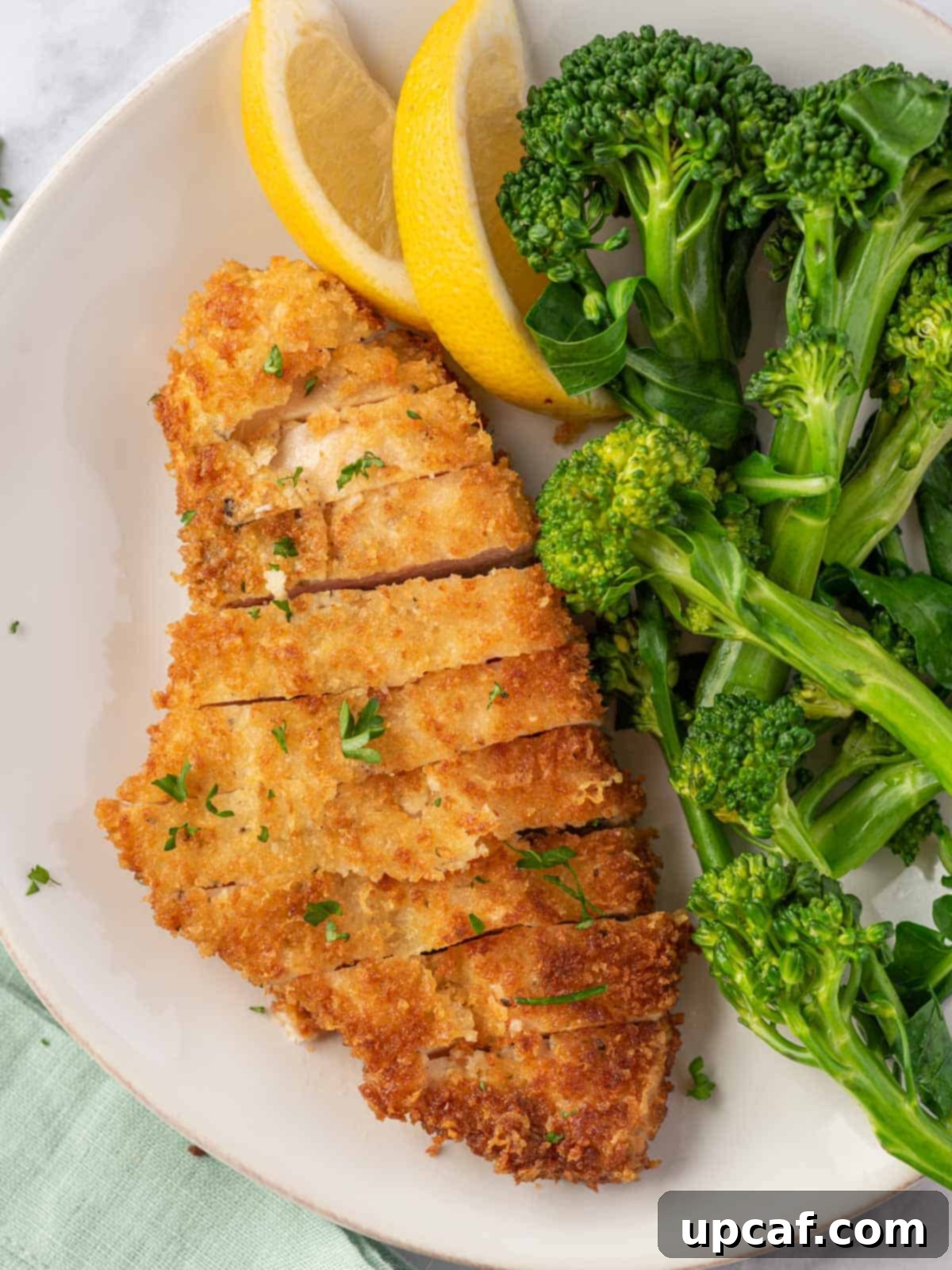 A plate of crispy parmesan chicken served with broccoli.