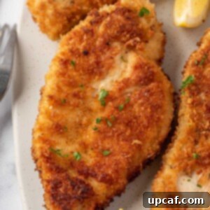 Close up of a crispy parmesan crusted chicken breast, cut to show juicy interior.