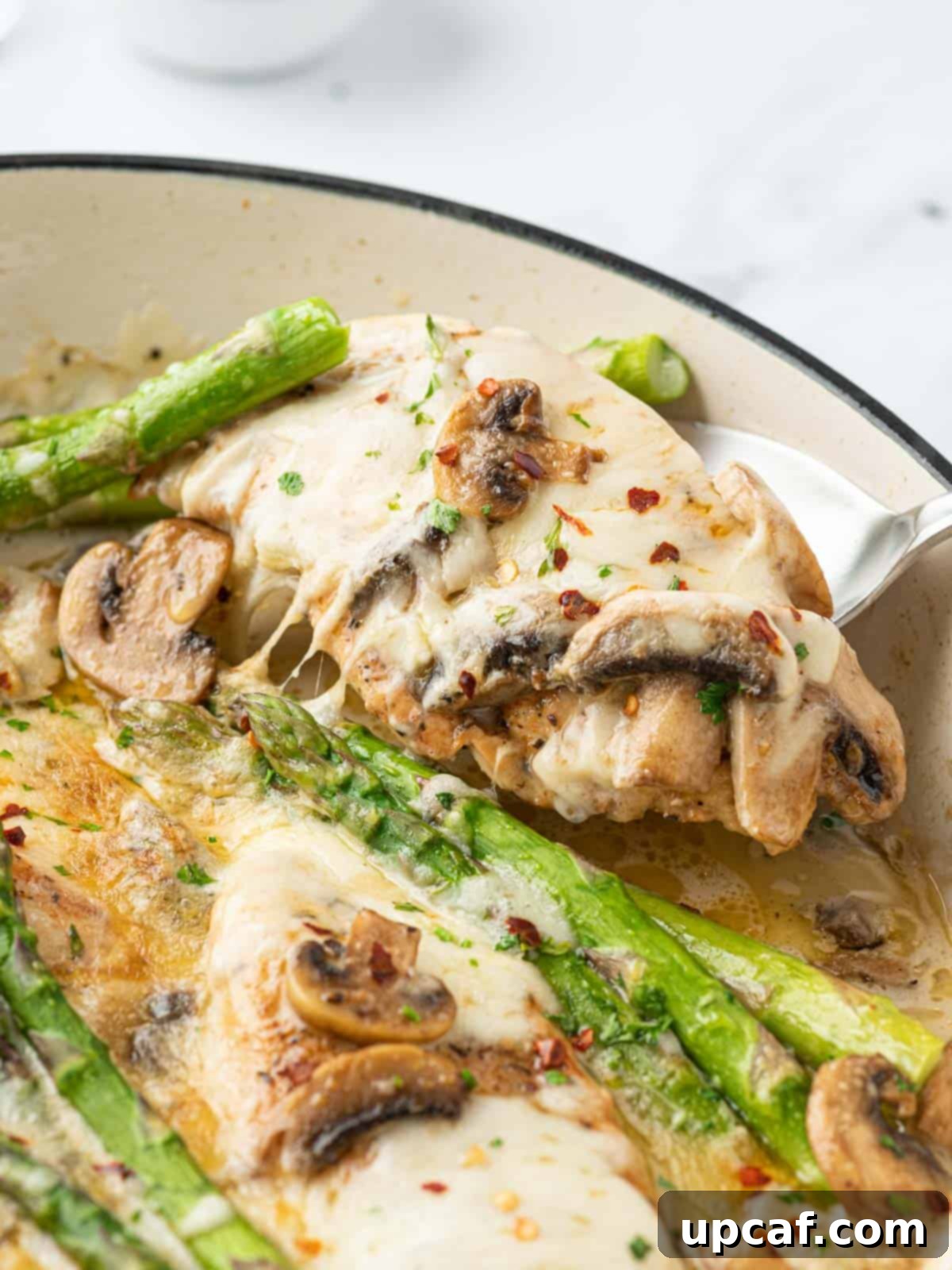A serving of chicken madeira being lifted from the Dutch oven, showcasing the tender chicken, vibrant asparagus, and rich cheesy sauce.