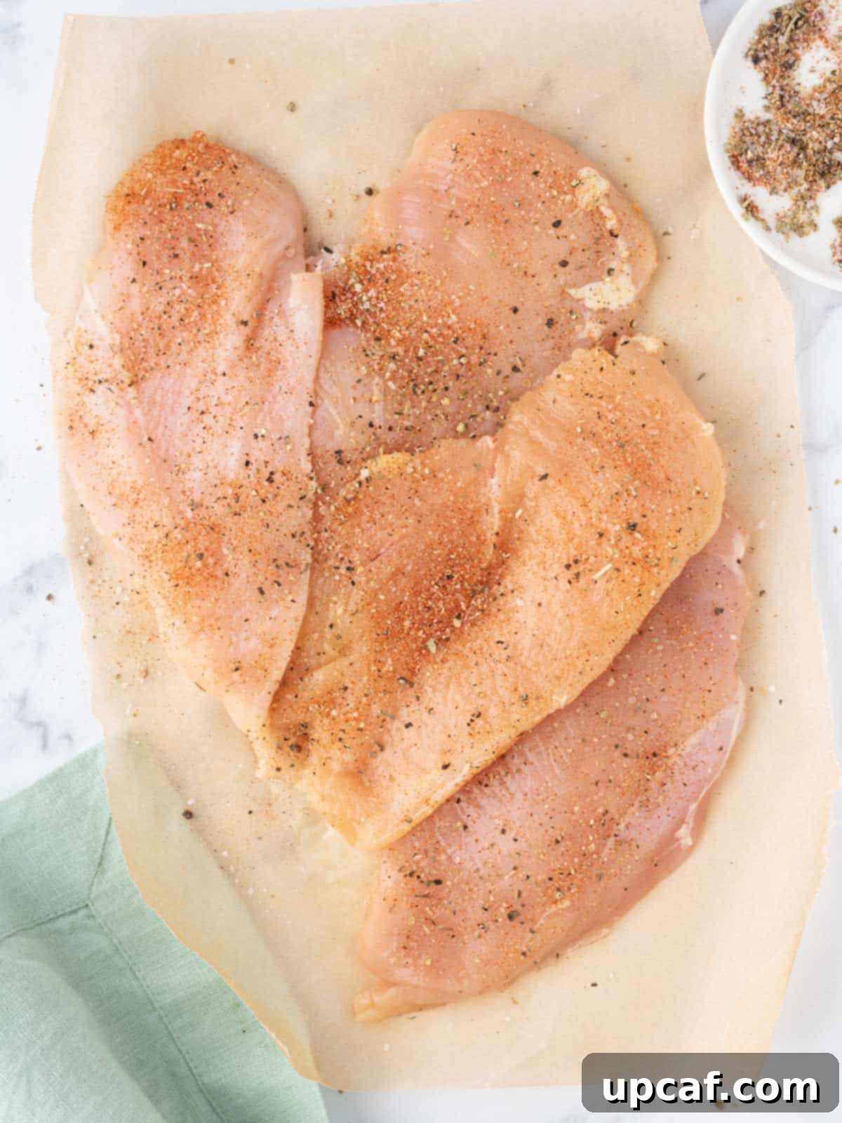 Raw chicken breasts, sliced lengthwise and generously seasoned with a blend of spices, ready for searing.