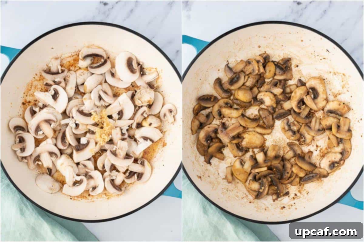 Two images side-by-side: one showing minced garlic and sliced mushrooms added to a Dutch oven with melted butter, and the other showing the mushrooms cooked until golden and tender.
