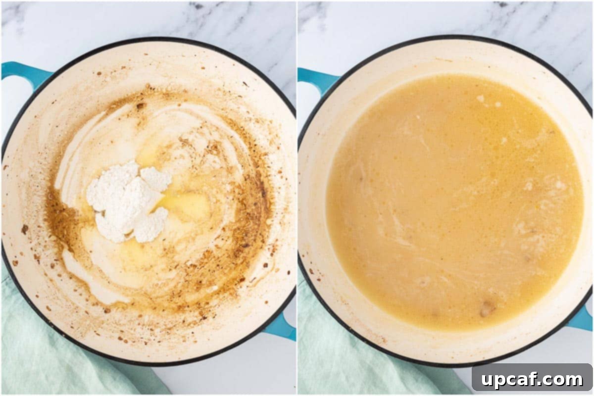 Two images side-by-side: one showing flour being sprinkled into a Dutch oven with butter, and the other showing chicken broth being whisked into the roux to form a smooth sauce.