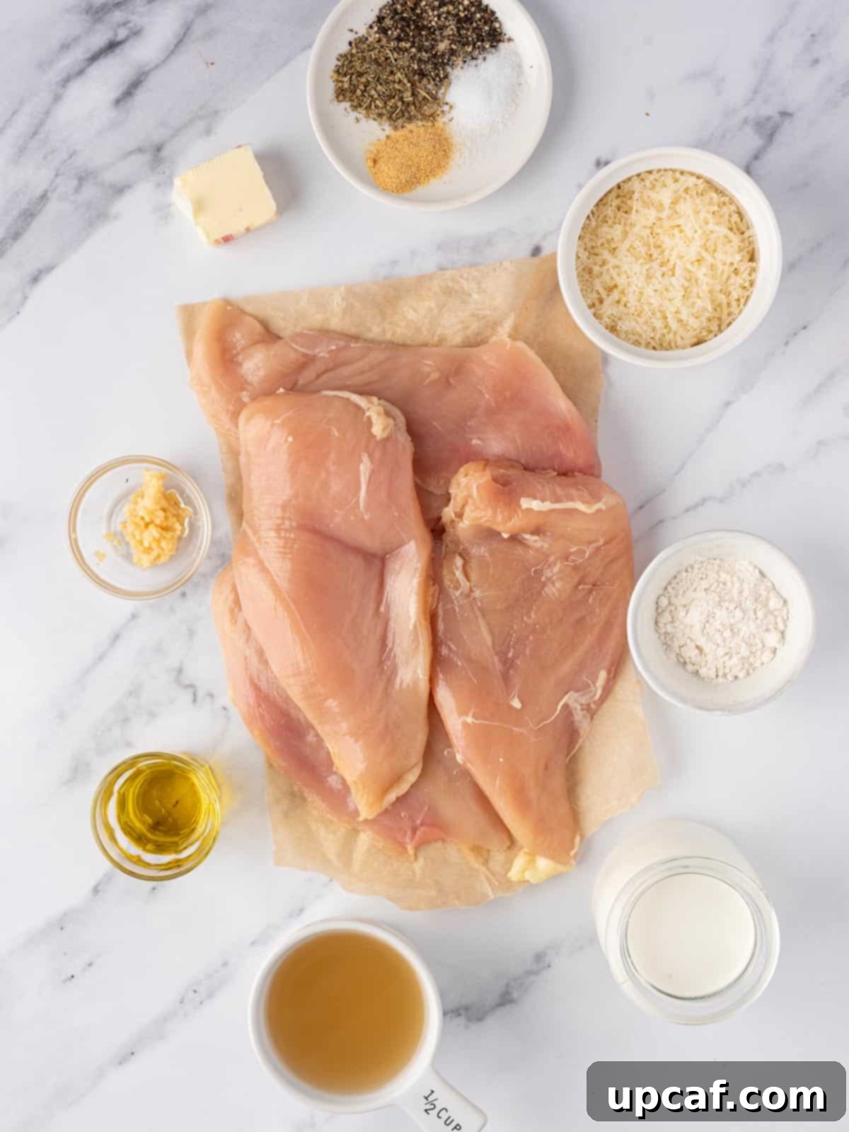 A flat lay photograph showcasing all the fresh and simple ingredients required to make delicious creamy garlic parmesan chicken, neatly arranged on a rustic wooden surface.