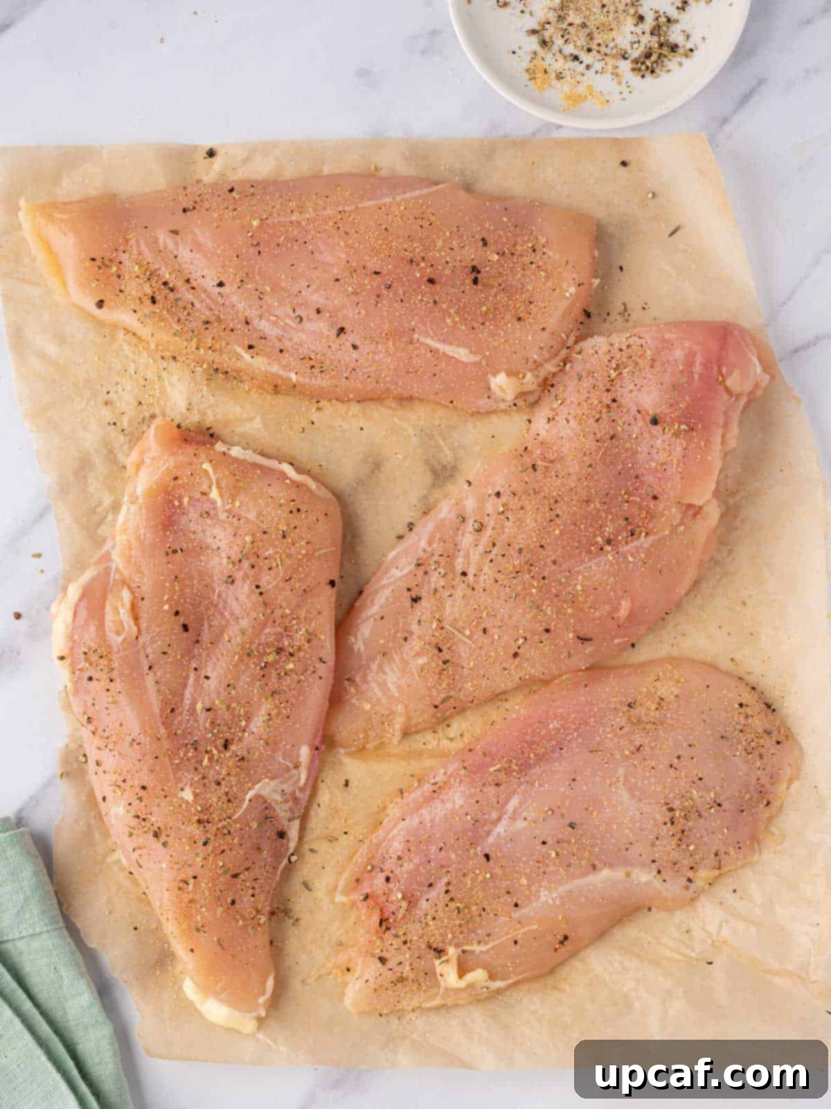 Raw chicken breasts generously seasoned with a blend of spices, ready for cooking, set in a rustic pan or on a cutting board.
