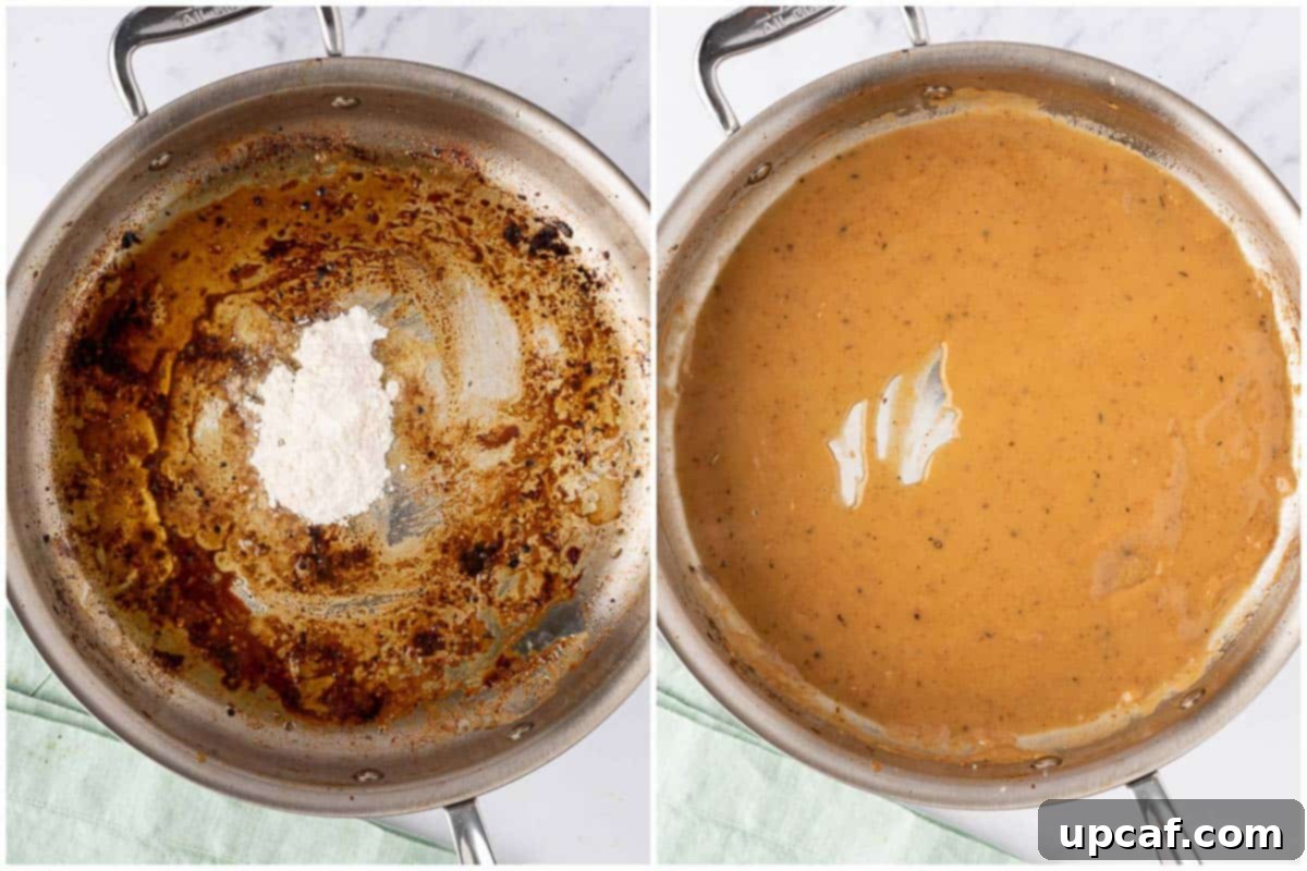 Two side-by-side images. The first shows butter melting in a skillet, and the second shows minced garlic and flour added to the melted butter, forming the base for the creamy sauce.