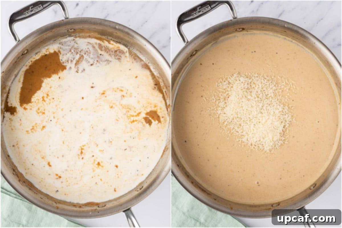Two side-by-side images depicting the process of making the creamy sauce. The first shows heavy cream being stirred into the skillet, and the second shows the fully thickened, luscious sauce ready for chicken.