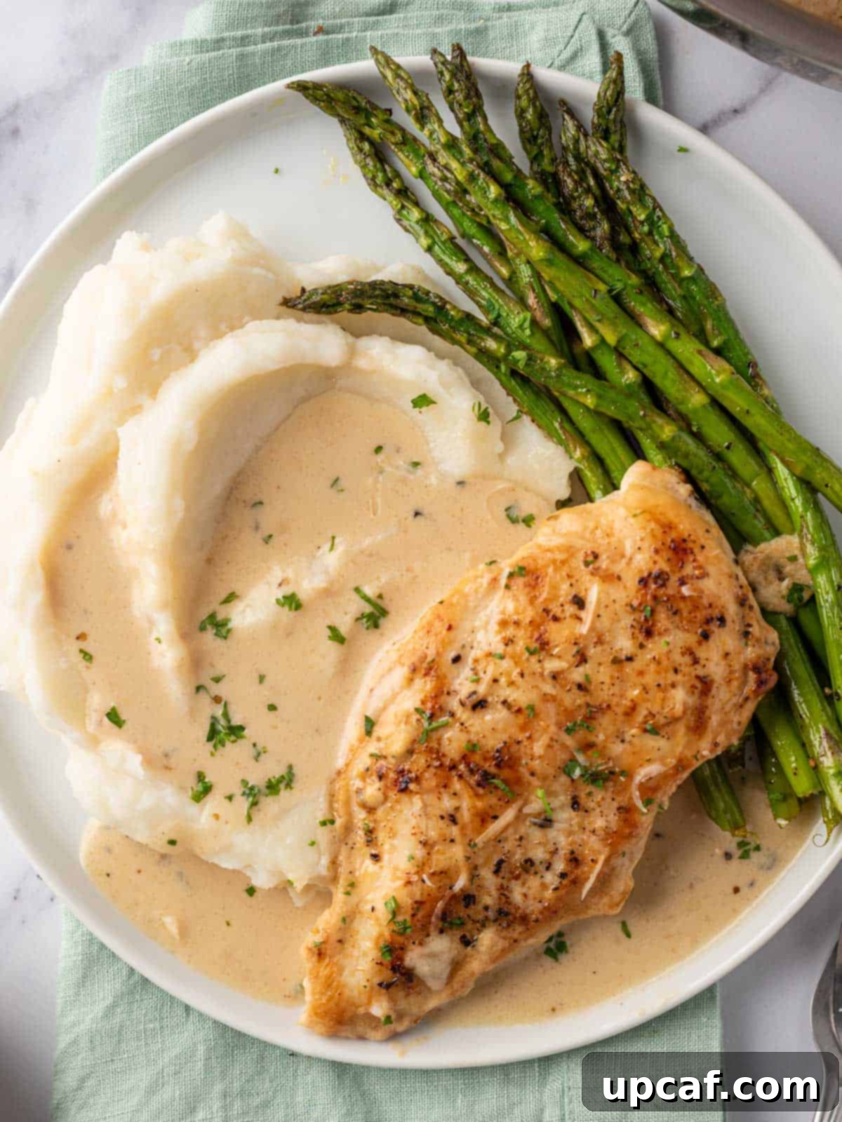 A beautifully plated dish of creamy garlic parmesan chicken, served with fluffy mashed potatoes and vibrant green asparagus, ready to be enjoyed.