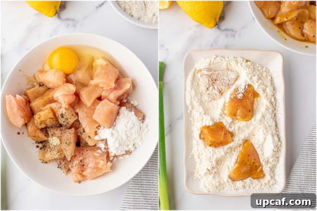 Close-up of a bowl containing chicken pieces marinating, next to a plate with all-purpose flour for dredging.