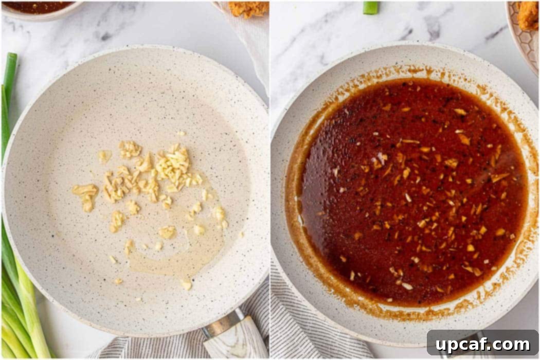 Two sequential images: first, minced garlic and ginger sizzling in oil in a pan; second, the lemon sauce mixture being poured into the pan.