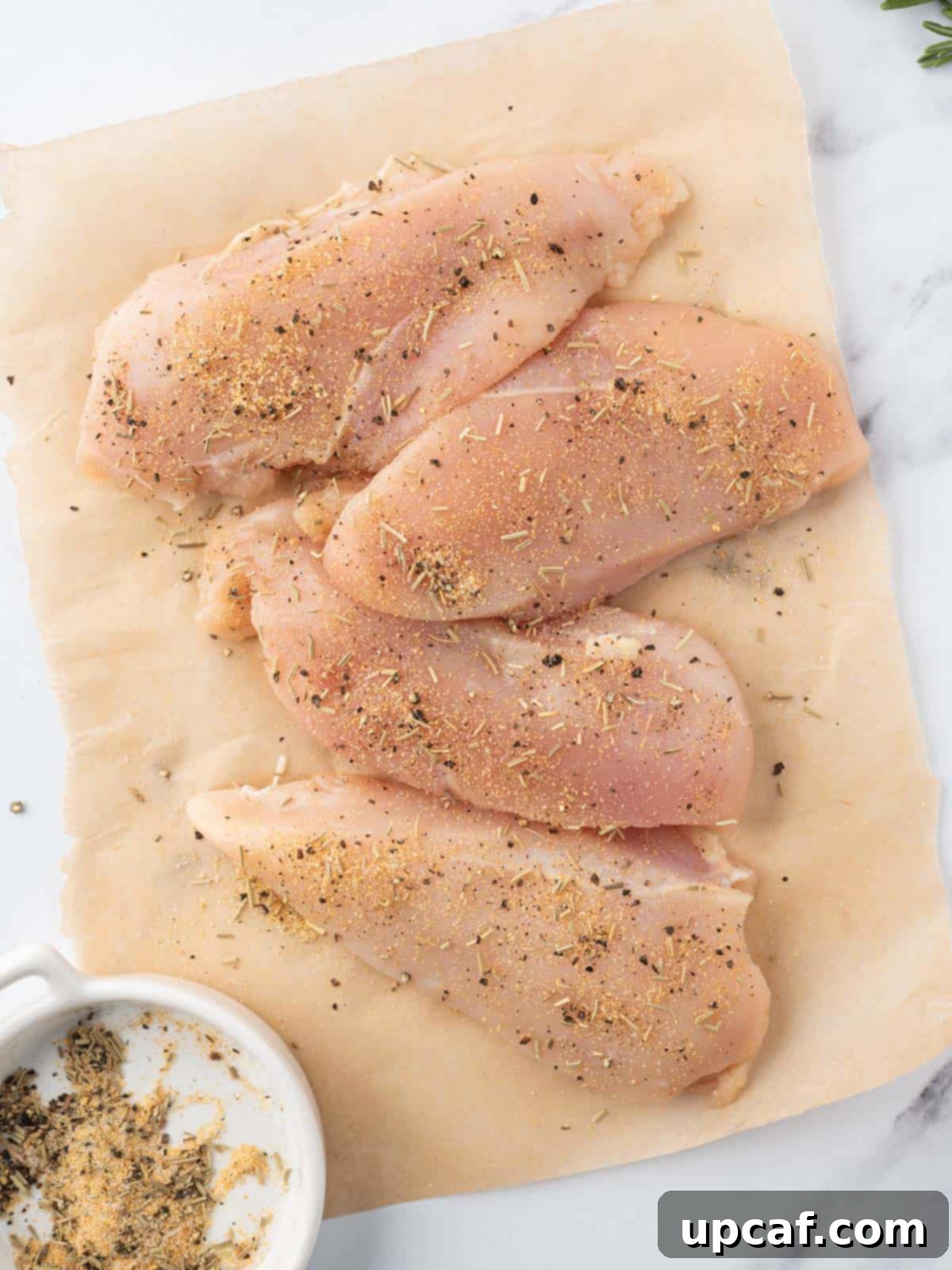 Chicken breasts seasoned generously with herbs and spices.