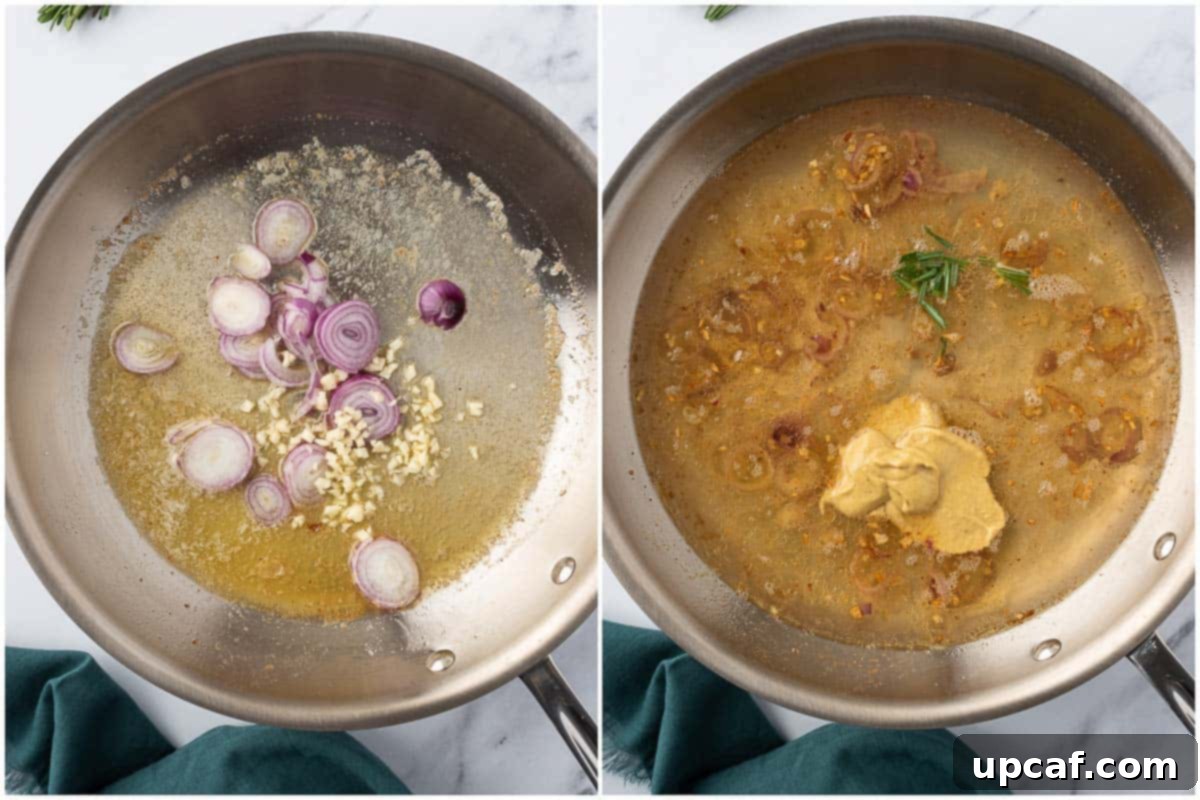 Making the creamy mustard sauce with chicken broth, Dijon, and rosemary.