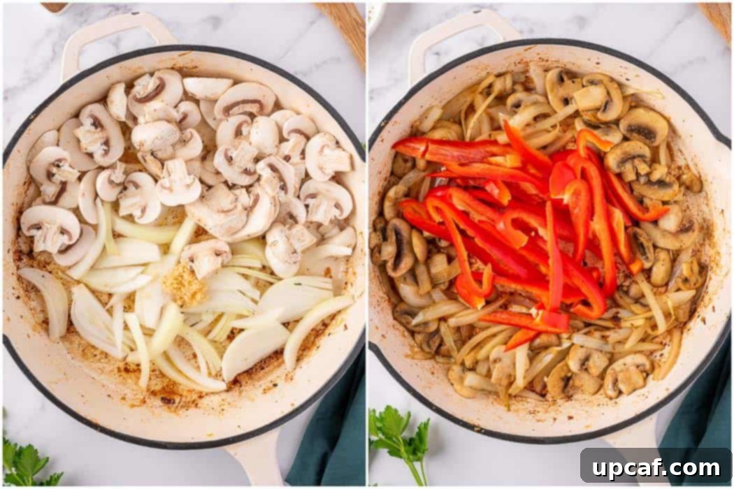 Process of sautéing mushrooms, onions and red peppers in a skillet for chicken cacciatore.