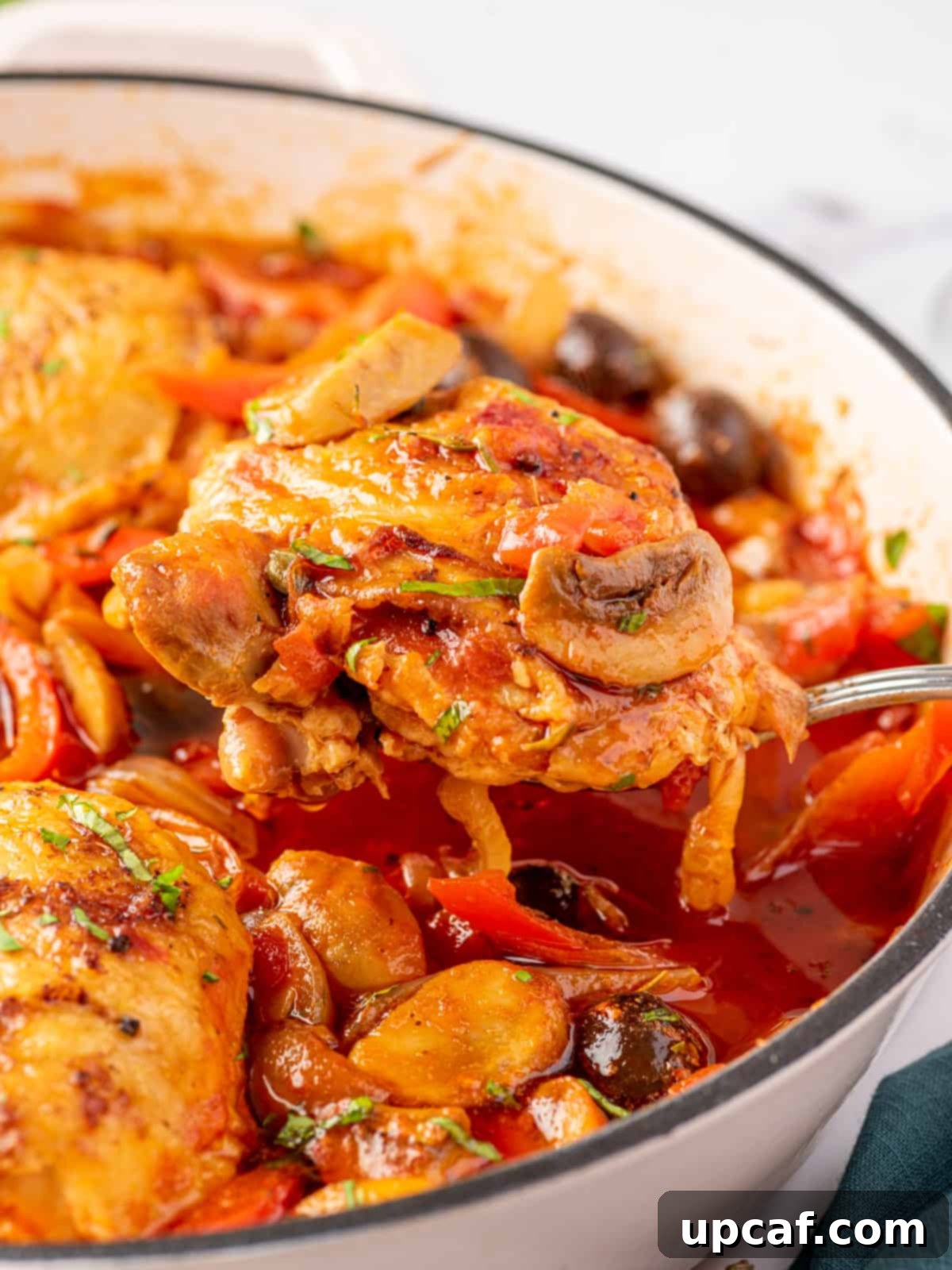 A closeup photo of a skillet of chicken cacciatore with a chicken thigh on a silver spoon, highlighting its tenderness.