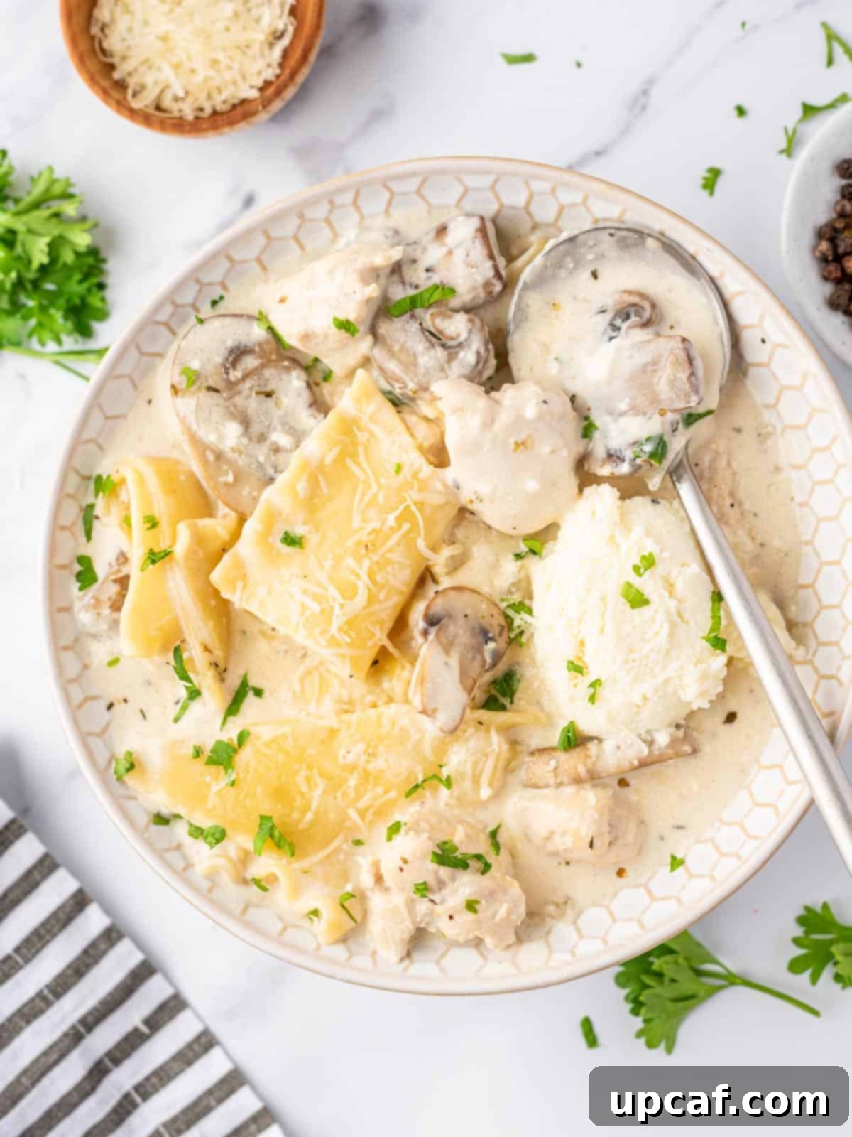 Creamy Chicken Lasagna Soup 2 A single serving of creamy white chicken lasagna soup in a bowl with a silver spoon, garnished with fresh herbs and a swirl of cream.