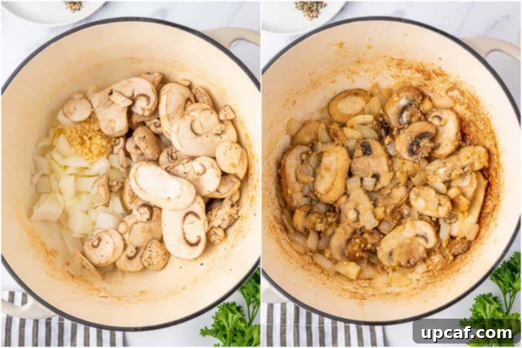 Creamy Chicken Lasagna Soup 5 Process of sautéing onions, minced garlic, and sliced mushrooms in a Dutch oven until softened.