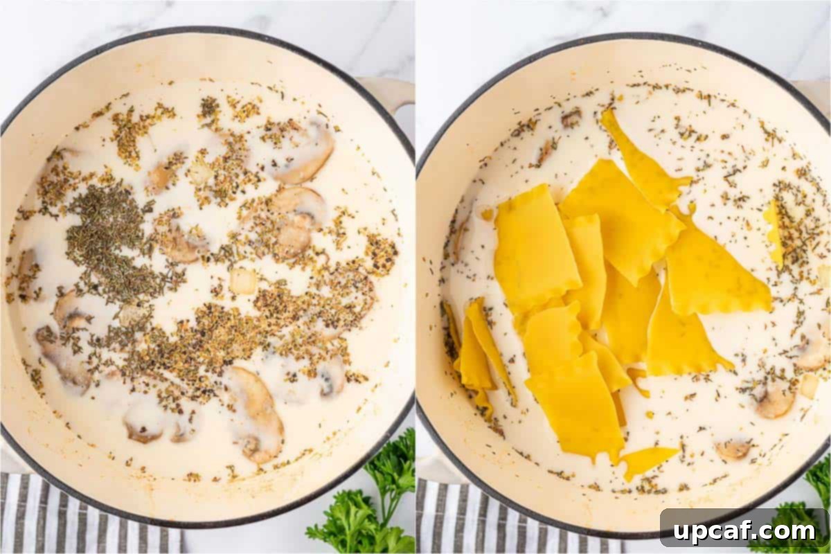 Creamy Chicken Lasagna Soup 6 Close-up shot of uncooked lasagna noodles broken into pieces being added to the boiling soup base.