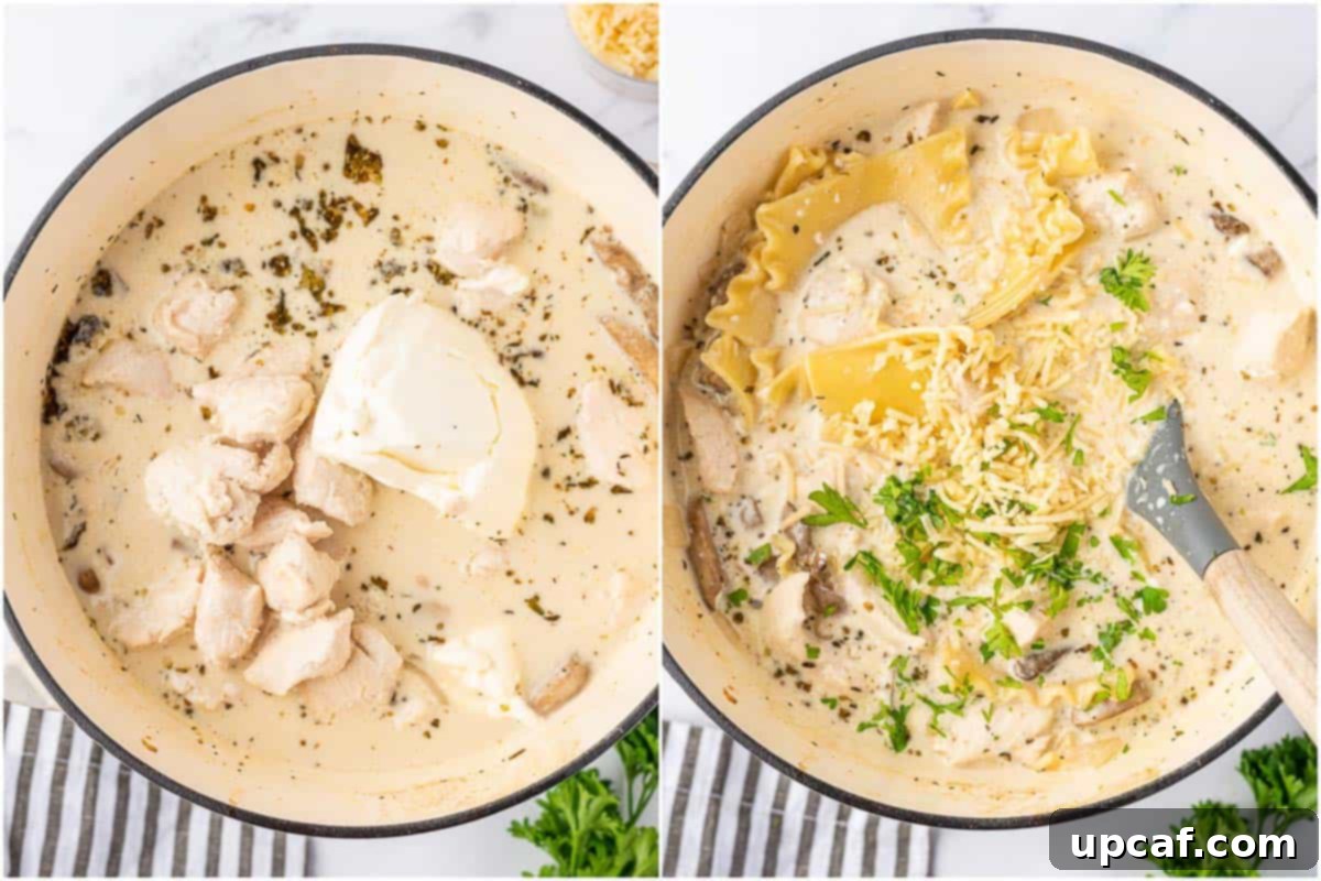 Creamy Chicken Lasagna Soup 7 The process of making white chicken lasagna soup, showing cream cheese being stirred into the soup with cooked chicken.