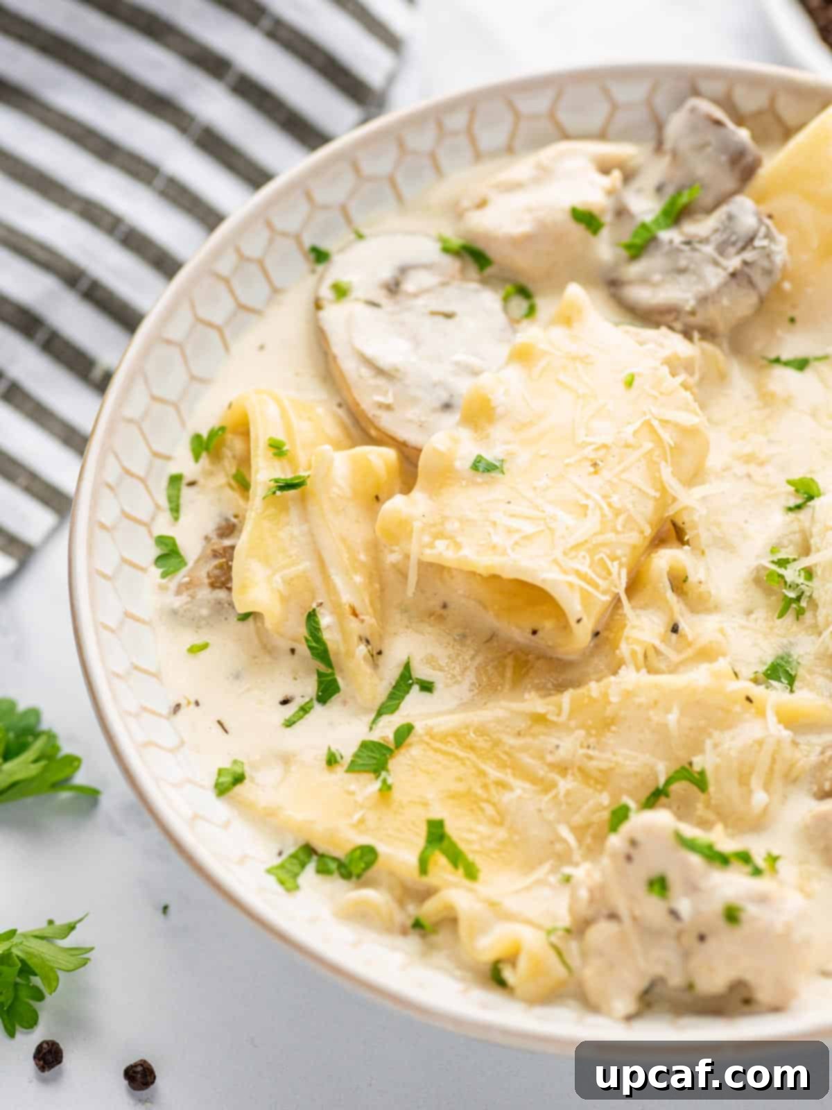 Creamy Chicken Lasagna Soup 10 A beautifully presented bowl of easy white lasagna soup, garnished with parsley, with a striped napkin in the background.