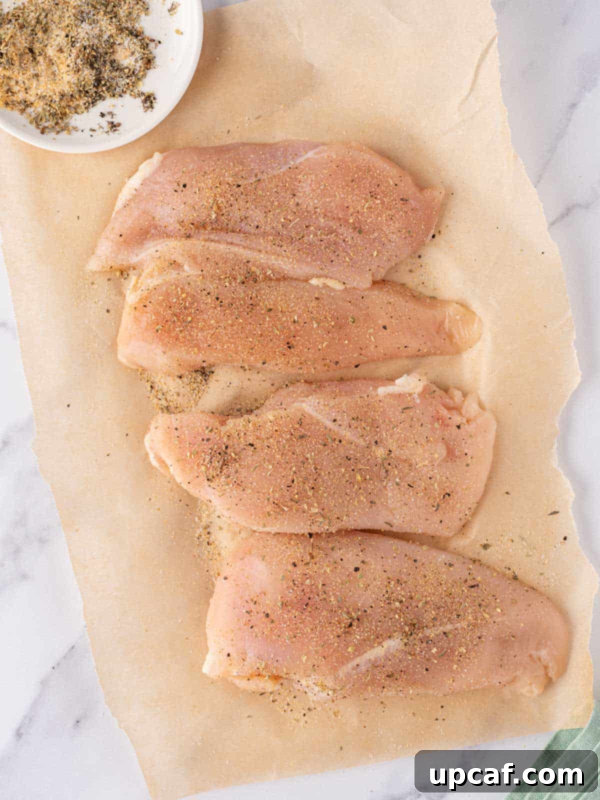 Seasoned chicken breasts on a cutting board, ready for searing.