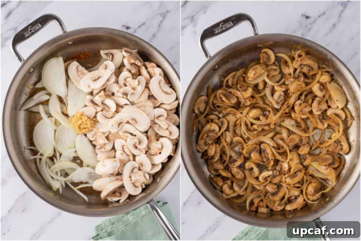 Sautéed mushrooms, onions, and garlic cooking in a skillet, releasing their moisture.