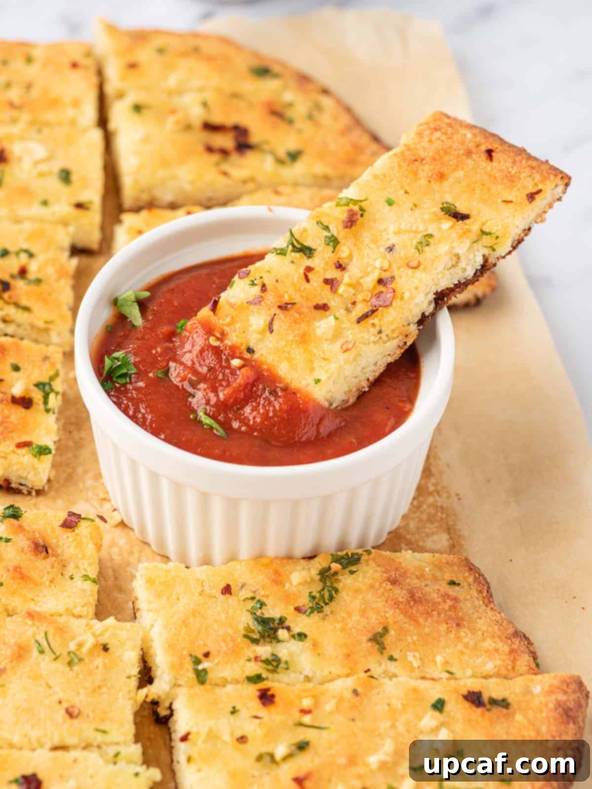 A piece of low carb garlic bread dipped into a bowl of marinara sauce.