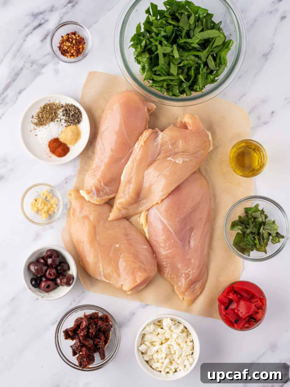 Sun-Drenched Mediterranean Stuffed Chicken 3 Ingredients needed to make Mediterranean stuffed chicken breasts including chicken, spinach, feta, and spices.