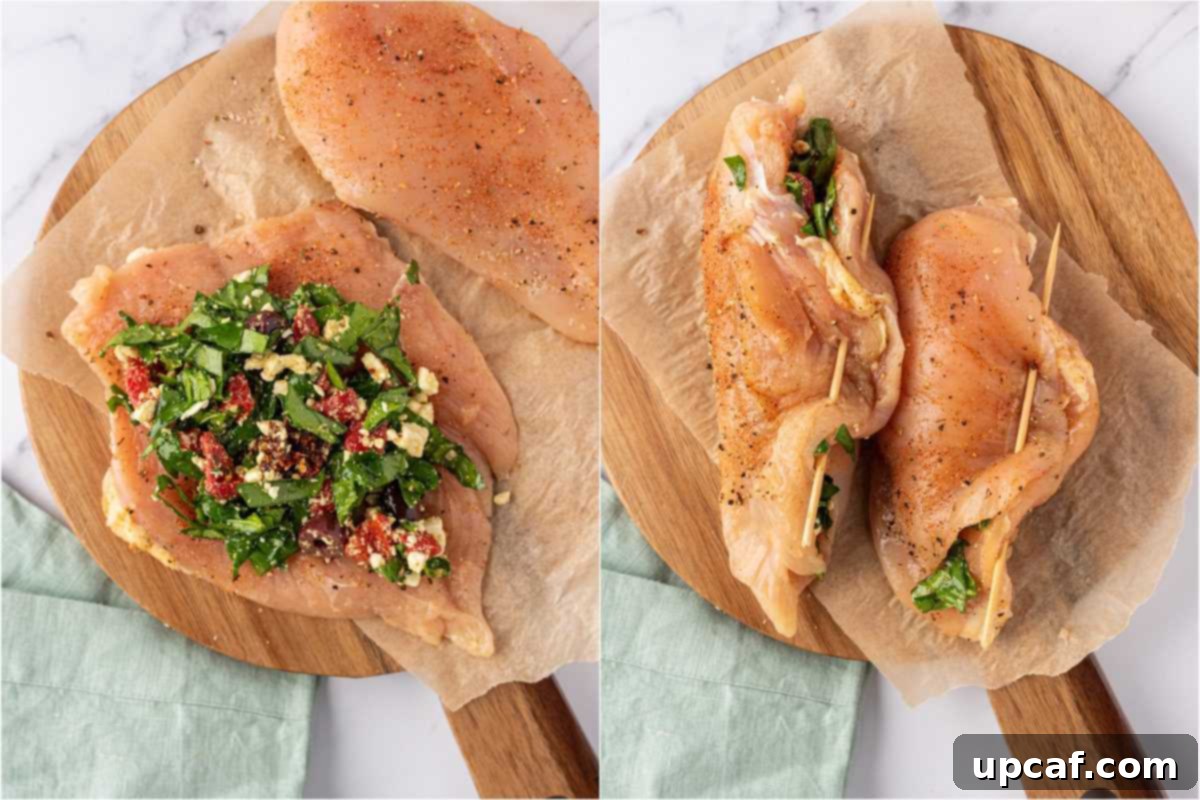 Sun-Drenched Mediterranean Stuffed Chicken 6 Stuffed chicken breast ready for cooking.