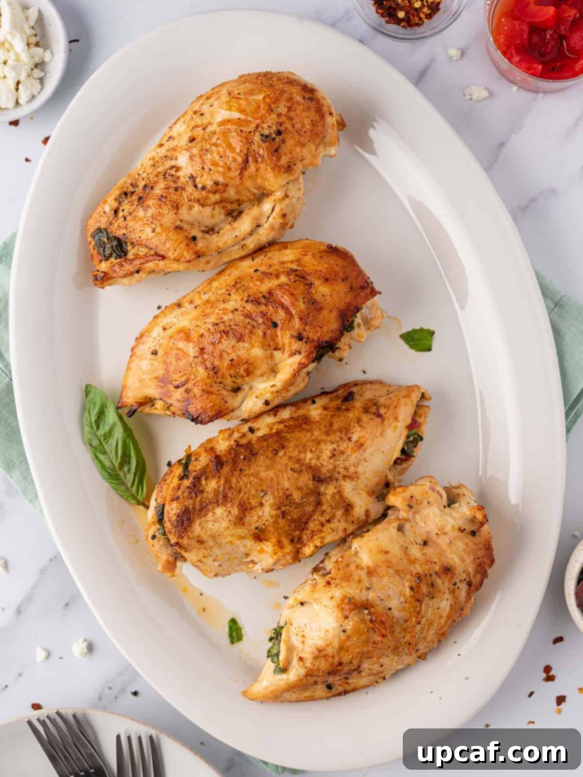Sun-Drenched Mediterranean Stuffed Chicken 8 A platter of golden-brown Mediterranean stuffed chicken breasts.