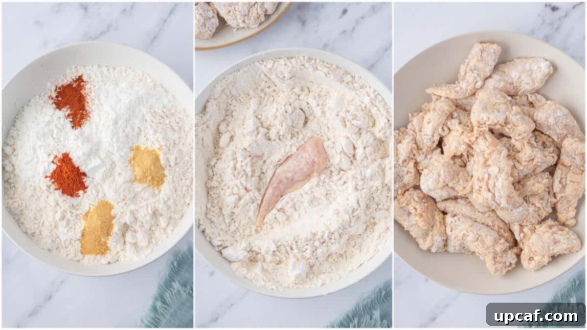 KFC's Fiery Nashville Chicken Tenders 5 A shallow bowl containing the dry breading mixture for chicken tenders, consisting of flour and spices.