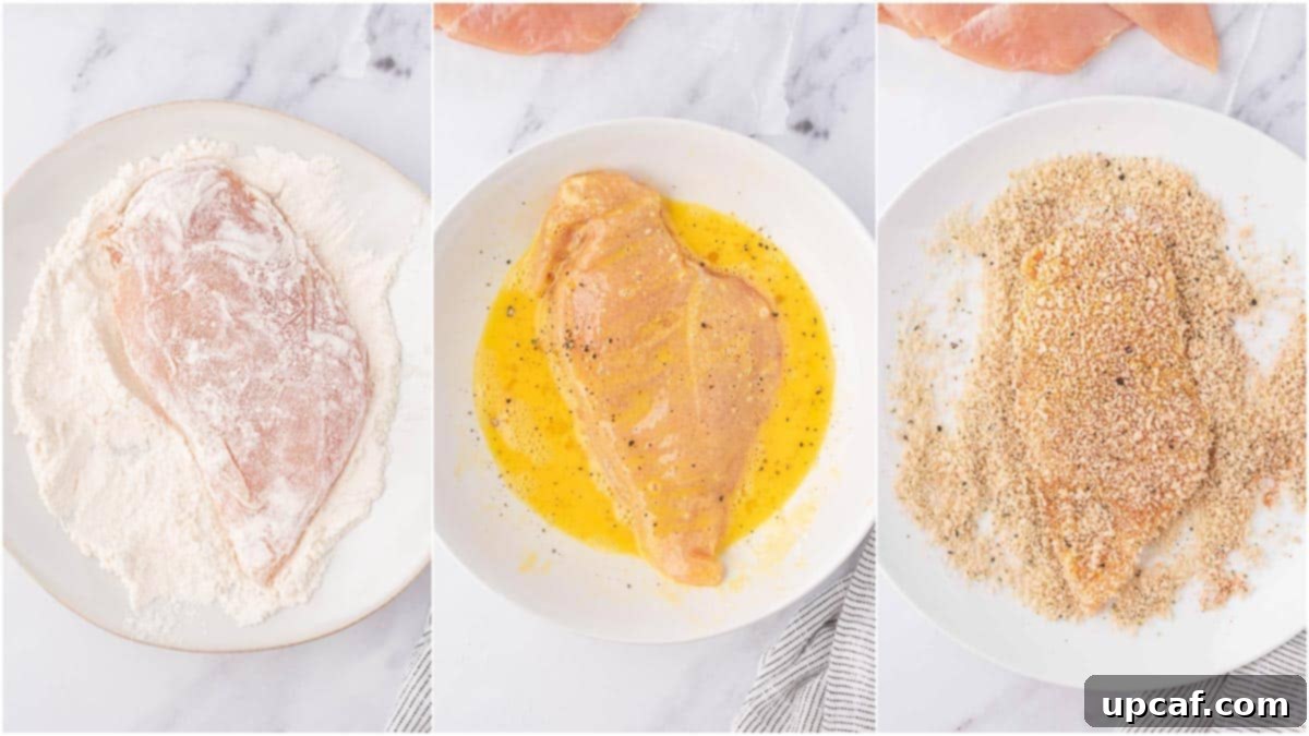 Three bowls showing the dredging setup: flour, egg wash, and panko breadcrumbs.